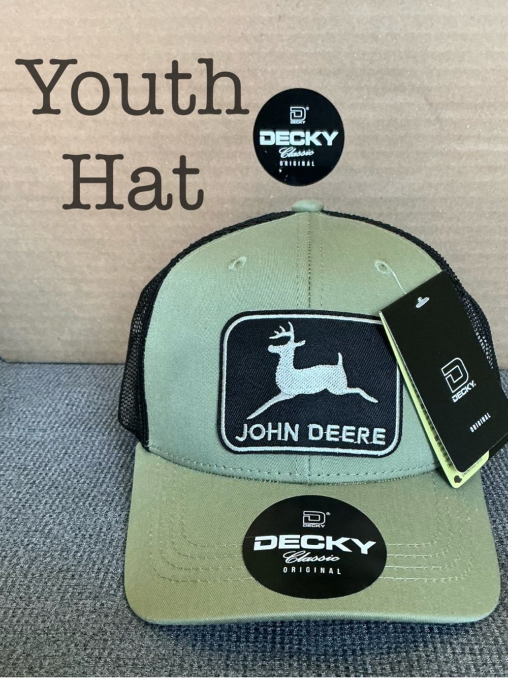 Youth Trucker Hat John Deere Kids Loden and Black Hat w/ USA flag on side